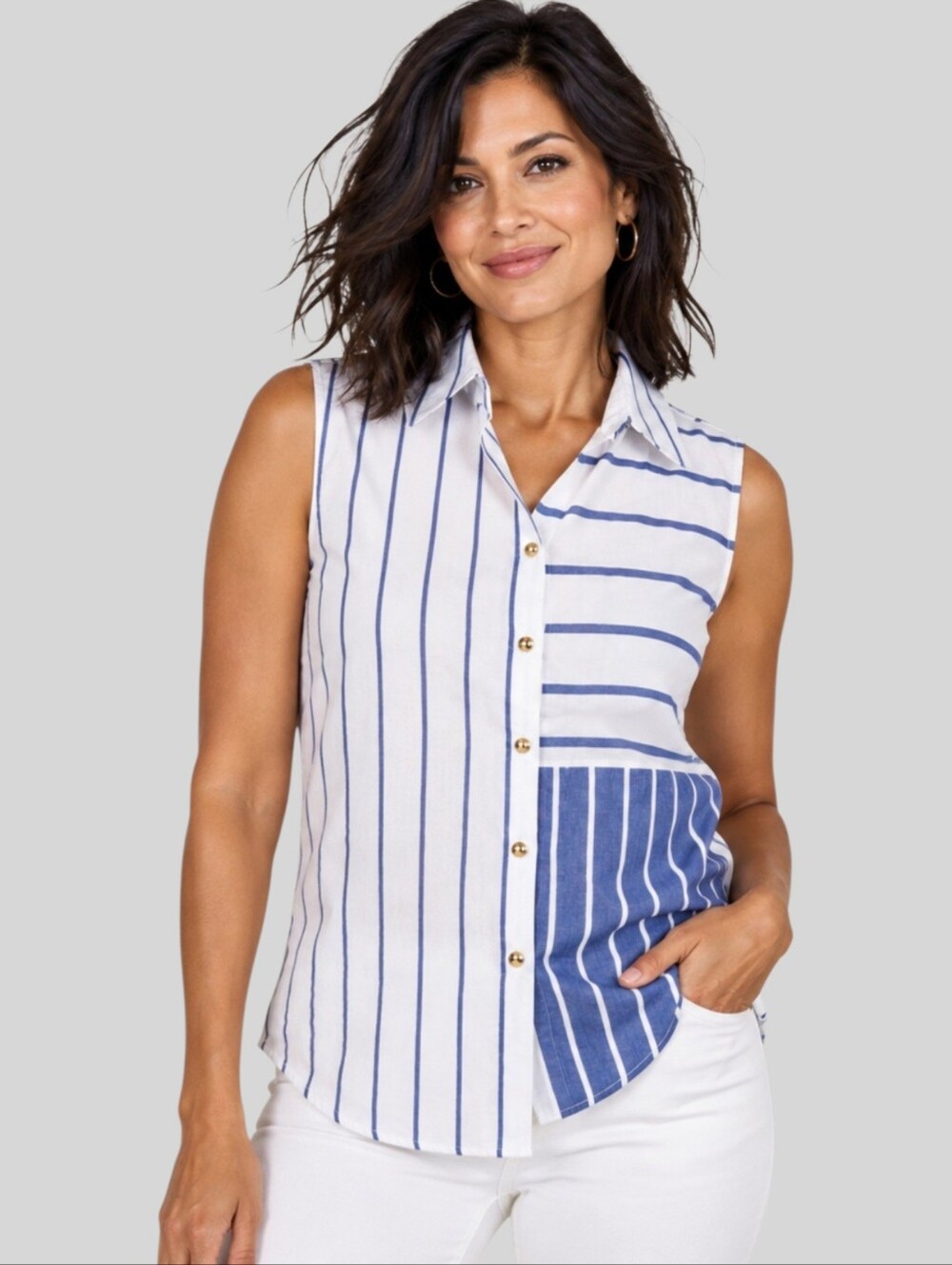 Chico’s Blue & White Striped Button Down Sleeveless Top Size L/12 (Chico's 2)